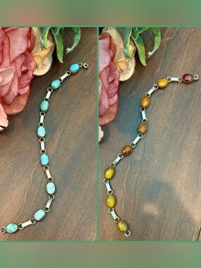 Artisan Handmade Dominican Larimar/Amber Sterling Silver Happy Hour Bracelet